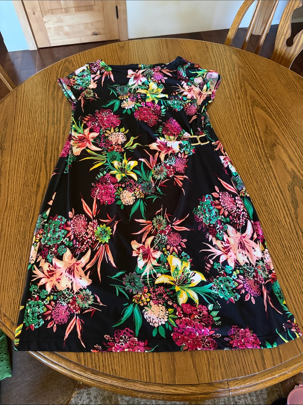 NY Collection Black Floral Midi Dress with Pink, Green and Yellow Blooms size xl